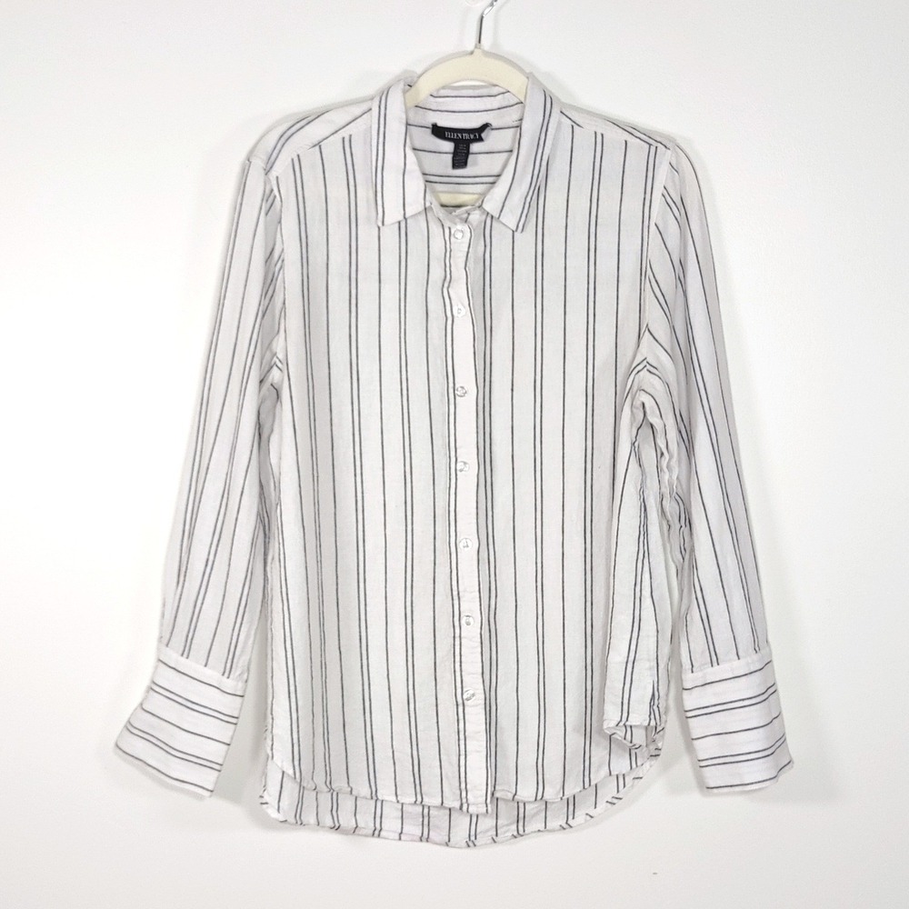 Ellen Tracy Linen Blend Striped Button Up Blouse M White Navy Coastal French